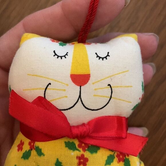 2 vintage Hallmark yellow calico cloth cats Christmas tree ornaments - Picture 4 of 7